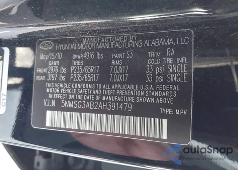 2010 Hyundai Santa Fe Gls из США, поврежденный, VIN 5NMSG3AB2AH391479